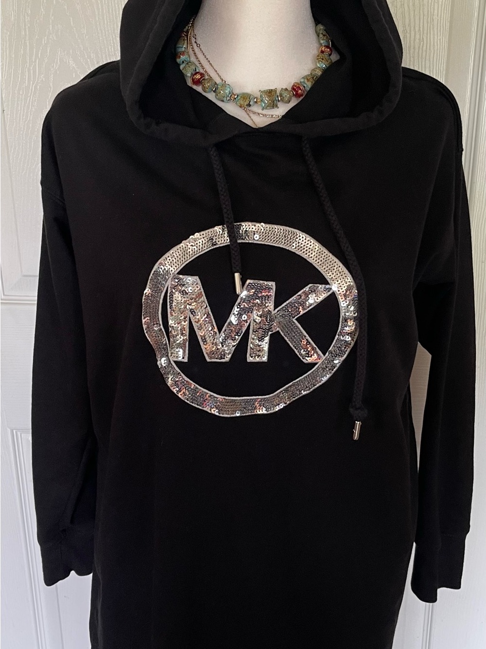 Michael Kors Black Hoodie Dress with Sequin MK Emblem - Picture 4 of 4